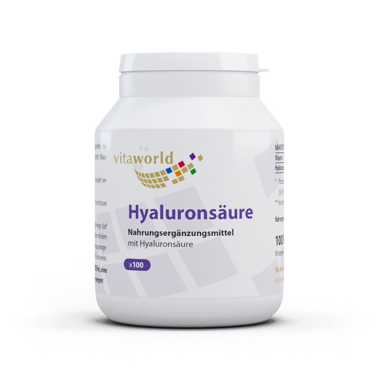 Vita World Hyaluronsäure 100 mg | 100 Kapseln | mit Vitamin C | vegan | gluten- und laktosefrei