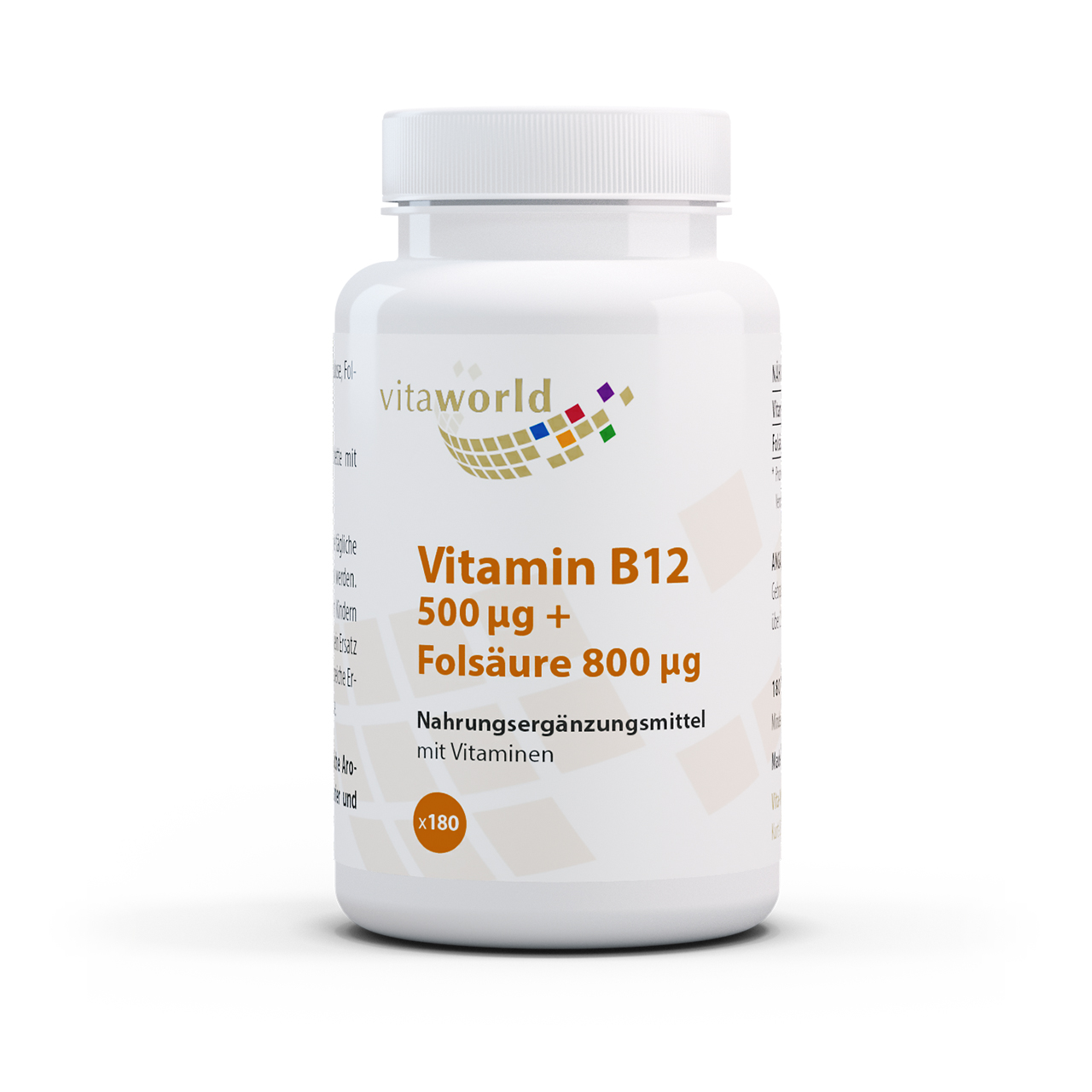 Vita World Vitamin B12 500 µg + Folsäure 800 µg | 180 Tabletten | vegan | gluten- und laktosefrei