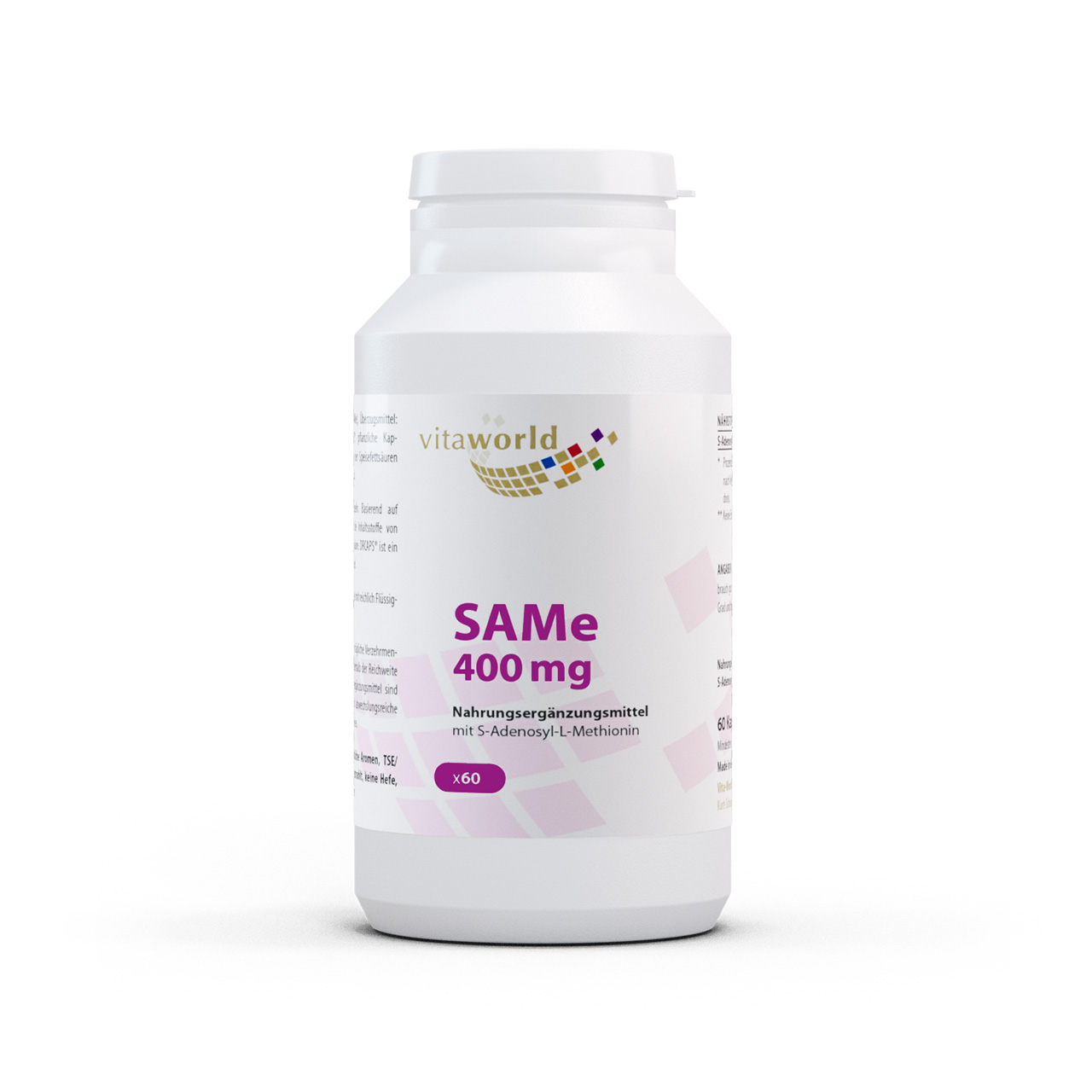 Vita World SAMe 400mg | 60 Kapseln | enthält 75 % aktives und 25 % inaktives Isomer | vegan | gluten- und laktosefrei