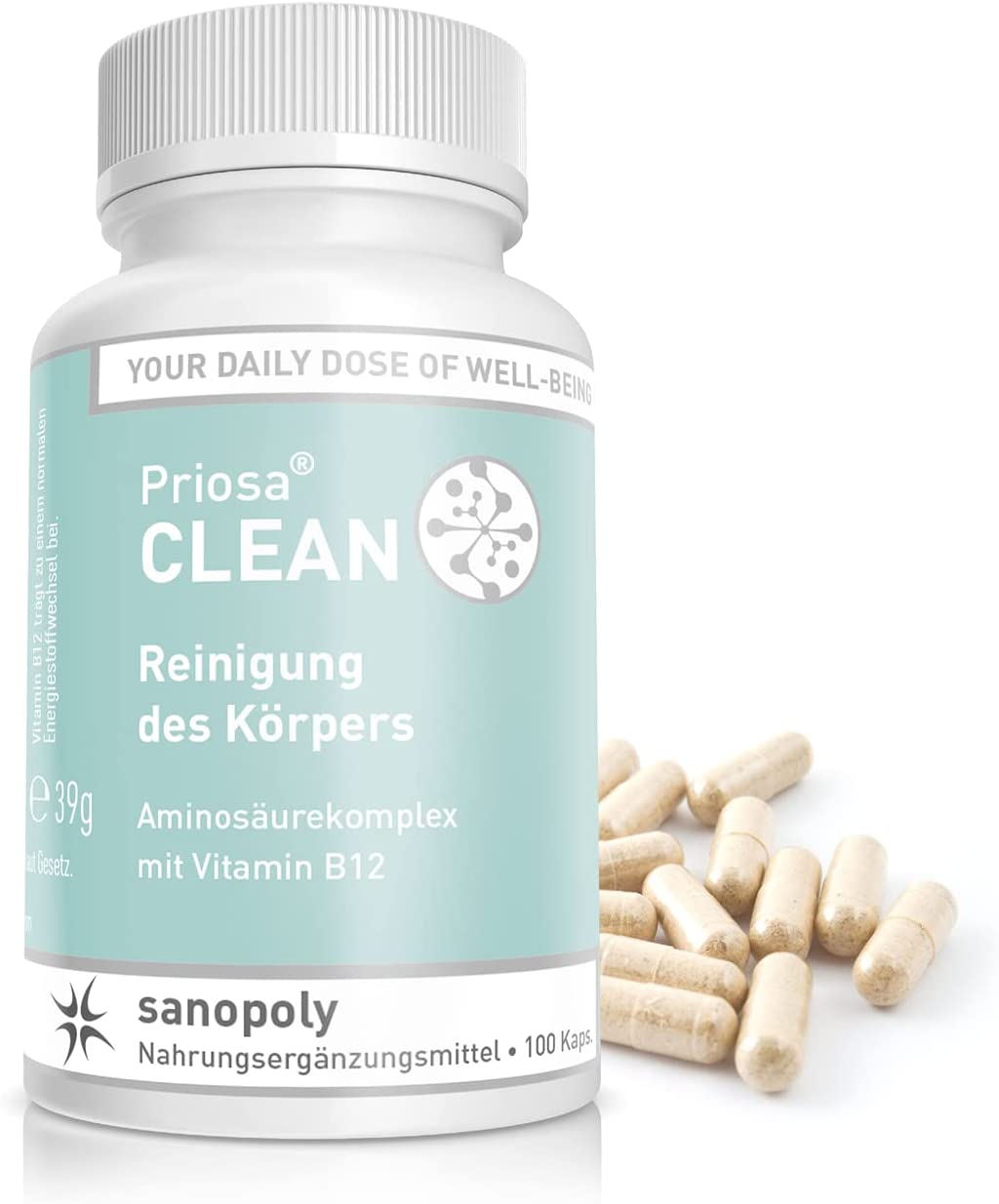 Sanopoly Priosa® CLEAN | 100 Kapseln | Reinigung des Körpers  | Aminosäurekomplex mit Vitamin B12 | Vitalstoff-Mix & Schwefel Lieferant | vegan
