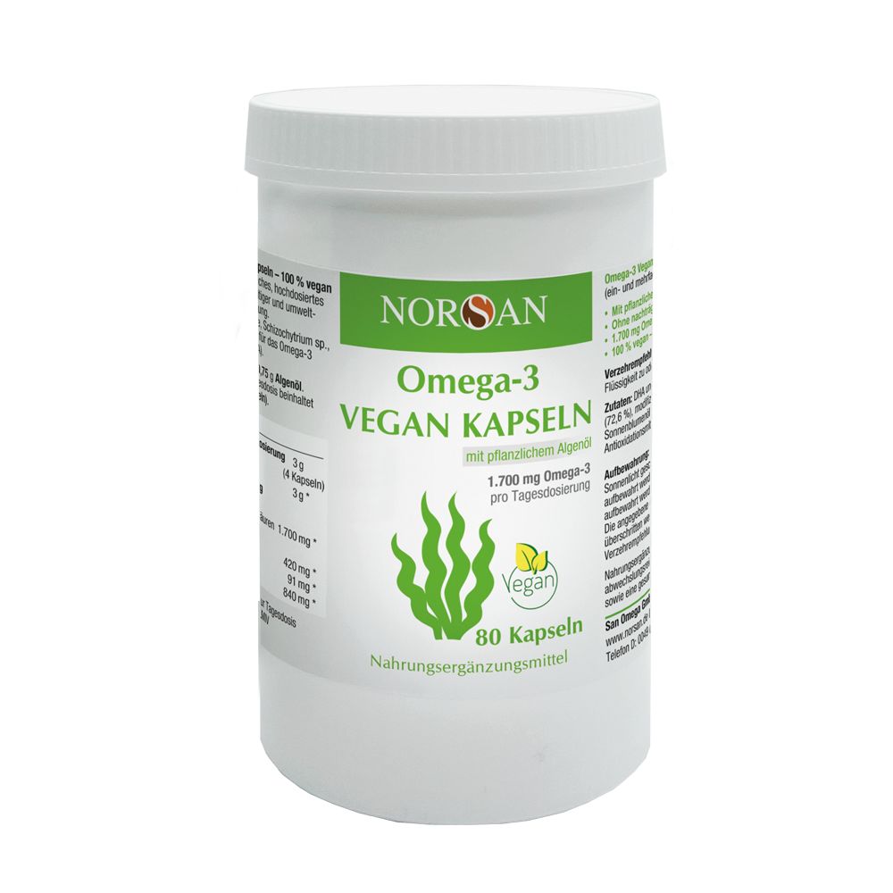 Norsan Omega-3 Vegan Kapseln | 80 Kapseln | mit pflanzlichem Algenöl | 1700 mg Omega-3 pro Tagesdosis | hochdosiert