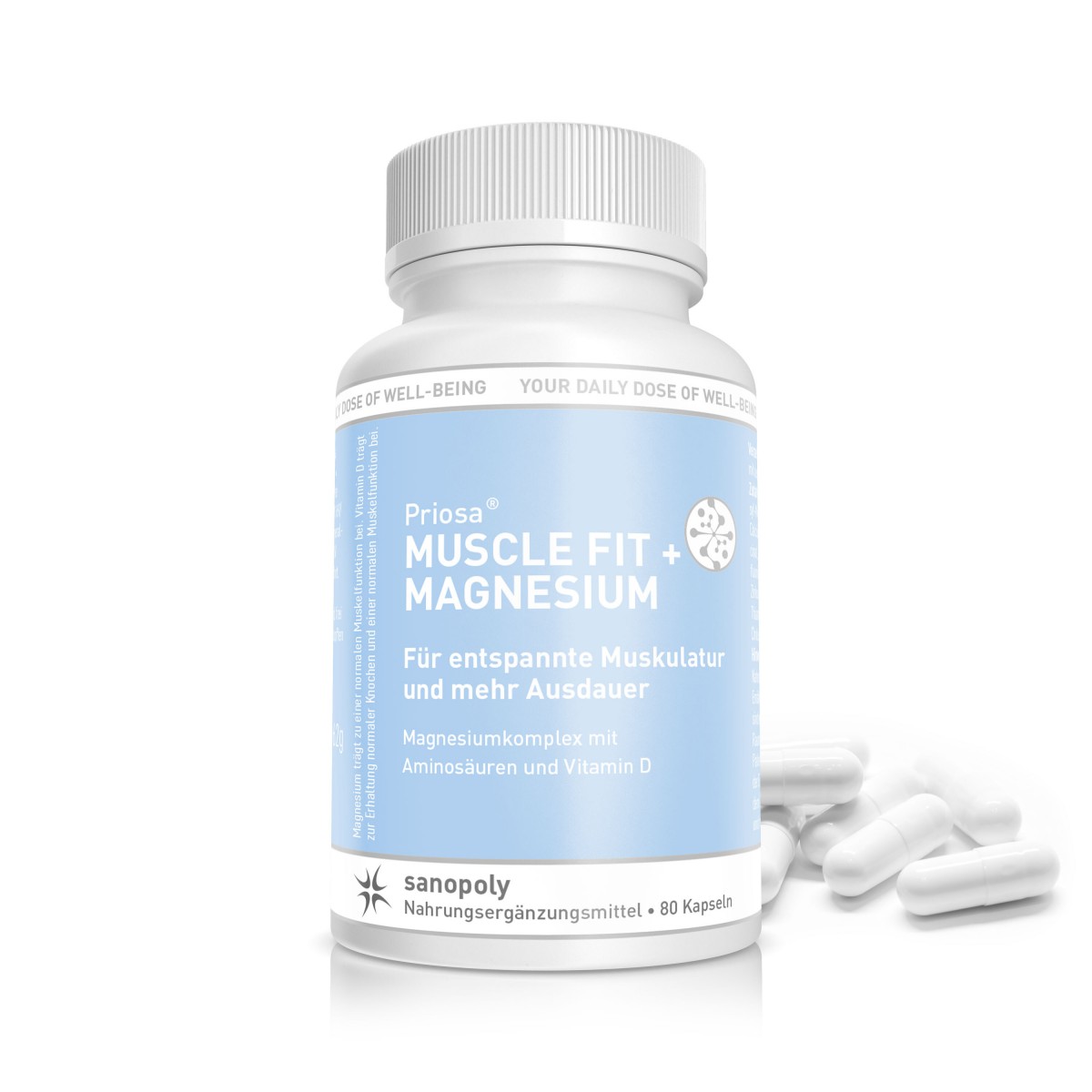 Sanopoly Priosa® MUSCLE FIT + MAGNESIUM | 80 Kapseln | für entspannte Muskulatur und mehr Ausdauer | Magnesiumkomplex mit Aminosäuren und Vitamin D