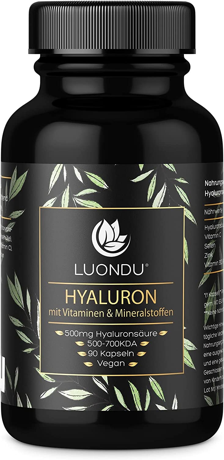 Luondu Hyaluron | 90 Kapseln | mit Vitaminen & Mineralstoffen | 500mg hochdosiert | mit Vitamin C, Zink, Selen, Vitamin B2 | laborgeprüft | vegan