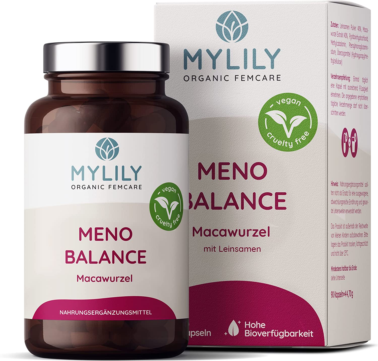 MYLILY Meno Balance | 90 Kapseln | Macawurzel Mit Leinsamen, Folsäure und Vitamin B6 |  für die Wechseljahre | vegan