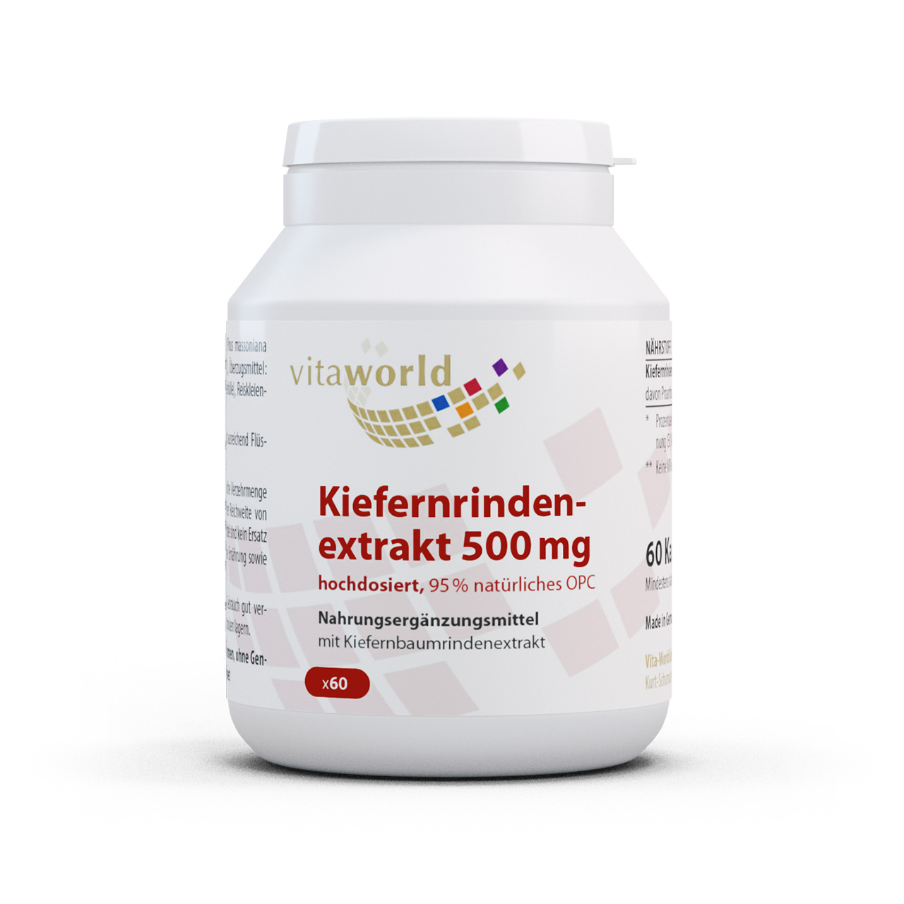 Vita World Kiefernrindenextrakt 500 mg | 60 Kapseln | 95 % natürliches OPC | hochdosiert | vegan | gluten- und laktosefrei