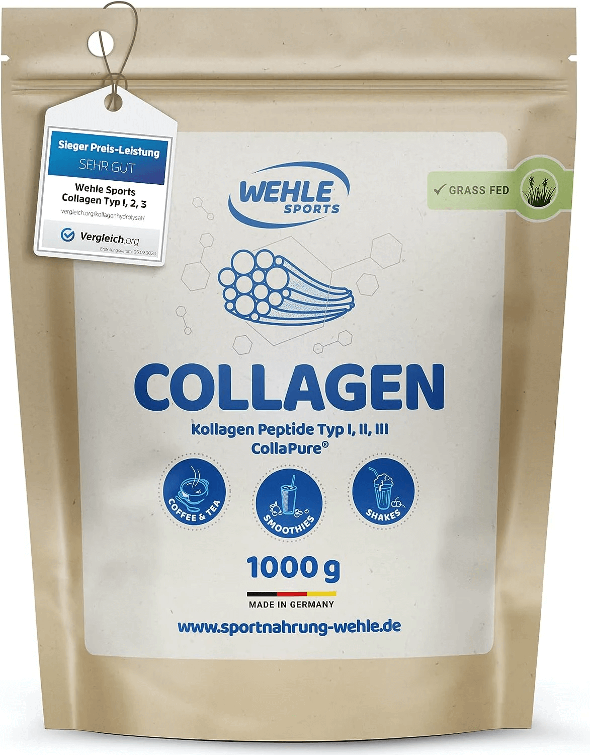 Wehle Sports Collagen Pulver | 1000g | Kollagen Hydrolysat | hohe biologische Verfügbarkeit | gluten- und laktosefrei
