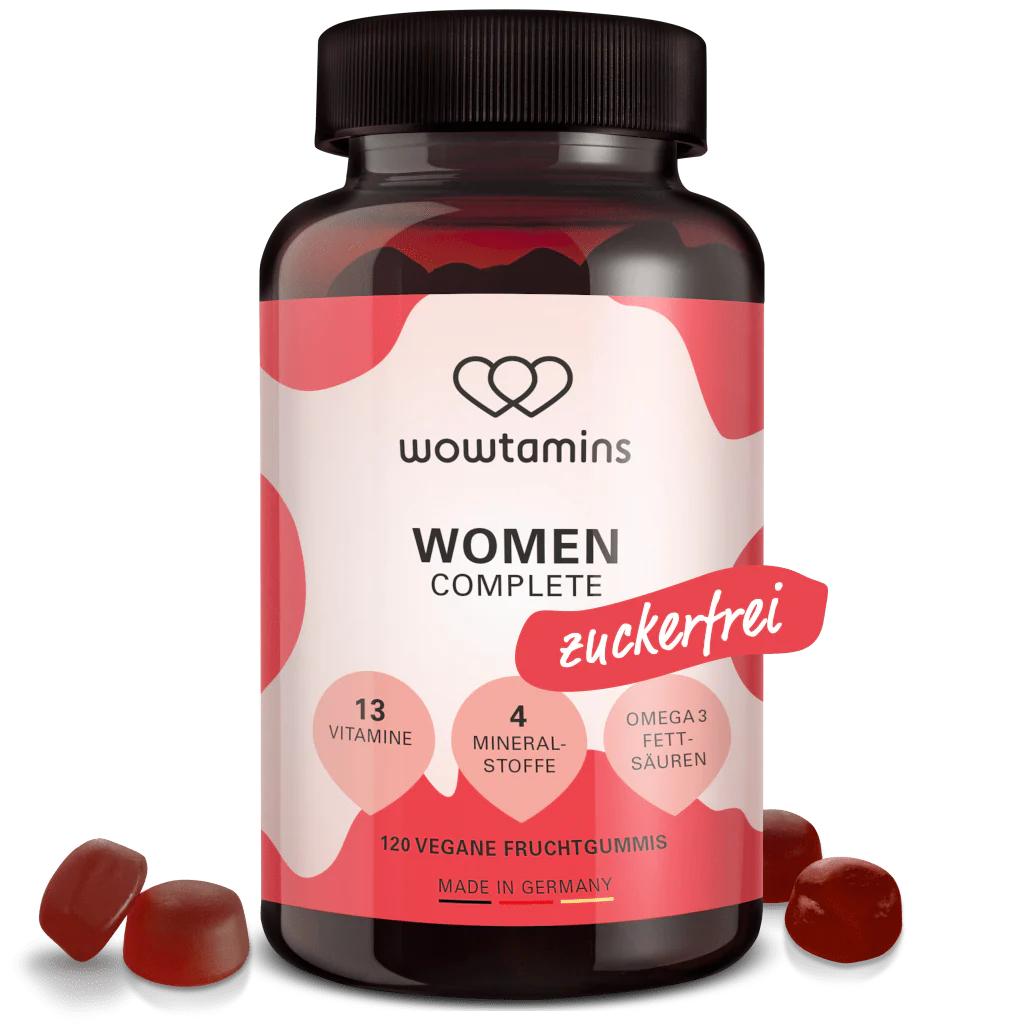 wowtamins Women Complete zuckerfrei | 120 vegane Fruchtgummis für Frauen | mit 13 Vitaminen, Omega 3 & Mineralstoffen