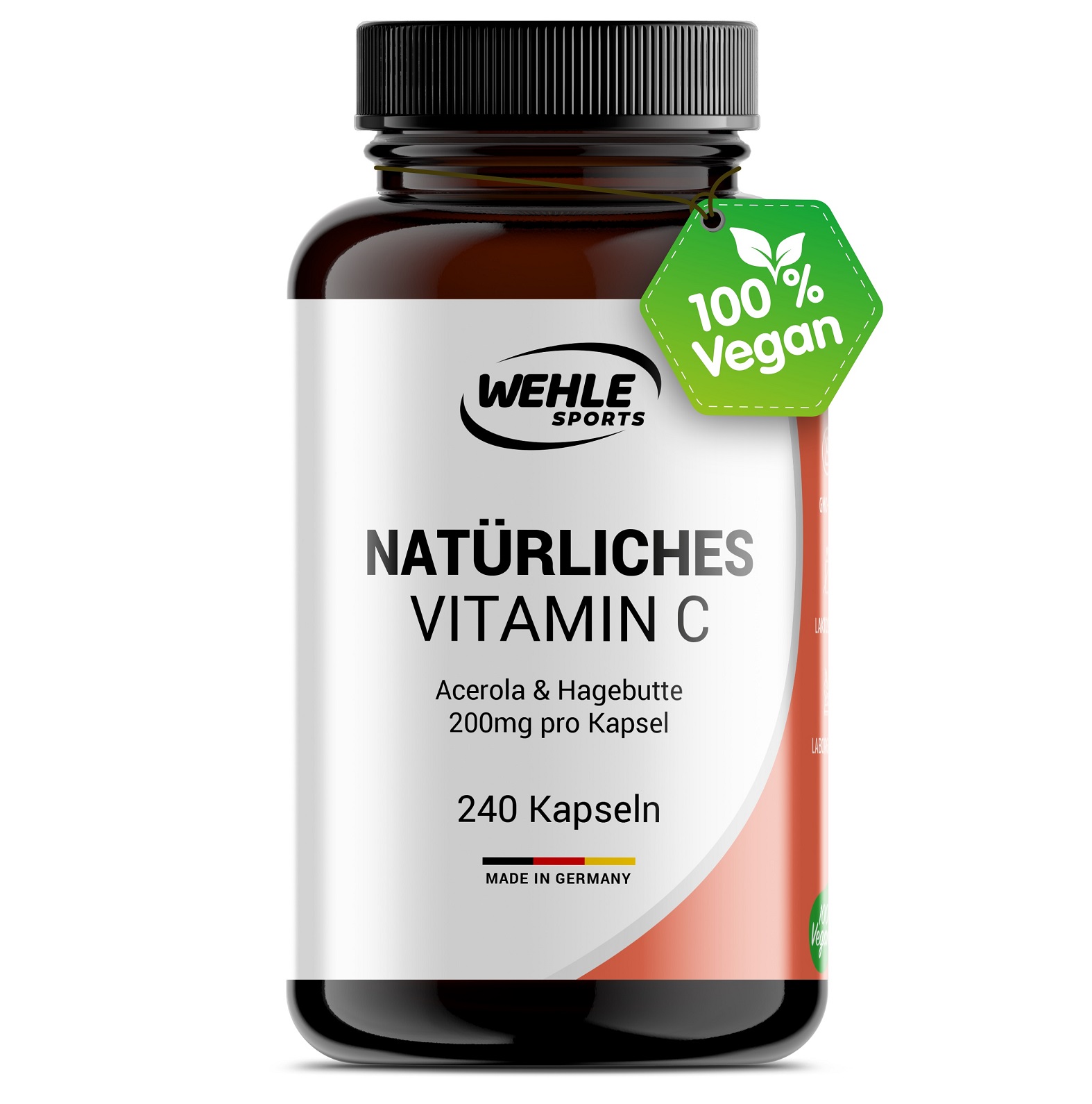 Wehle Sports Natürliches Vitamin C | 240 Kapseln | aus Acerola-Extrakt und Hagebutten-Extrakt | vegan