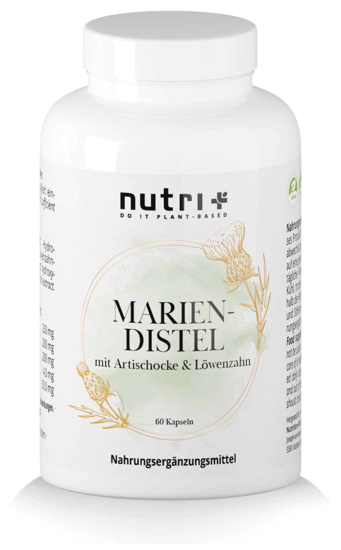 nutri+ Mariendistel Extrakt Kapseln | 60 Kapseln | Unterstützt Lebergesundheit mit Silymarin | Vegan| Made in Germany