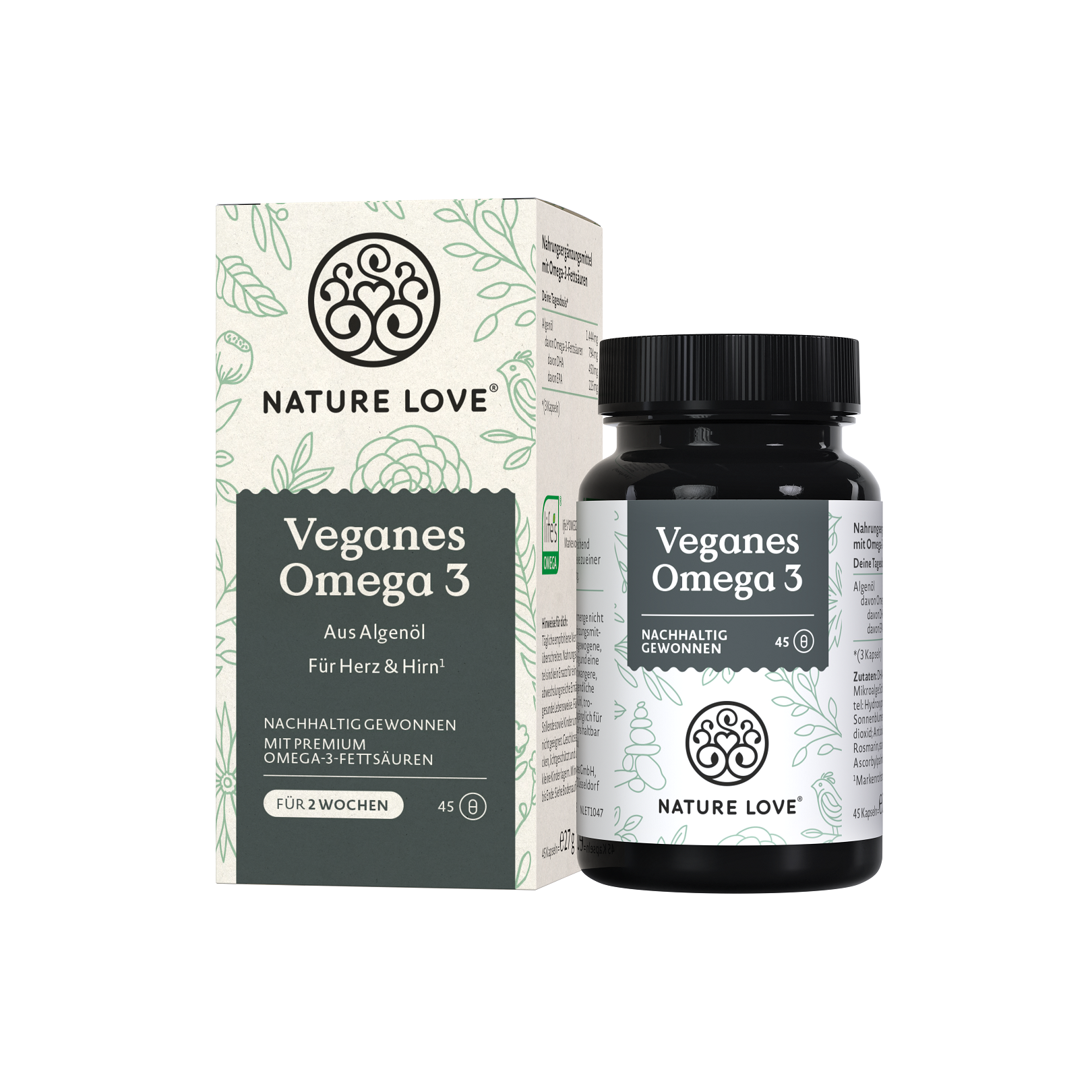 Nature Love Veganes Omega 3 | 45 Kapseln | aus Algenöl