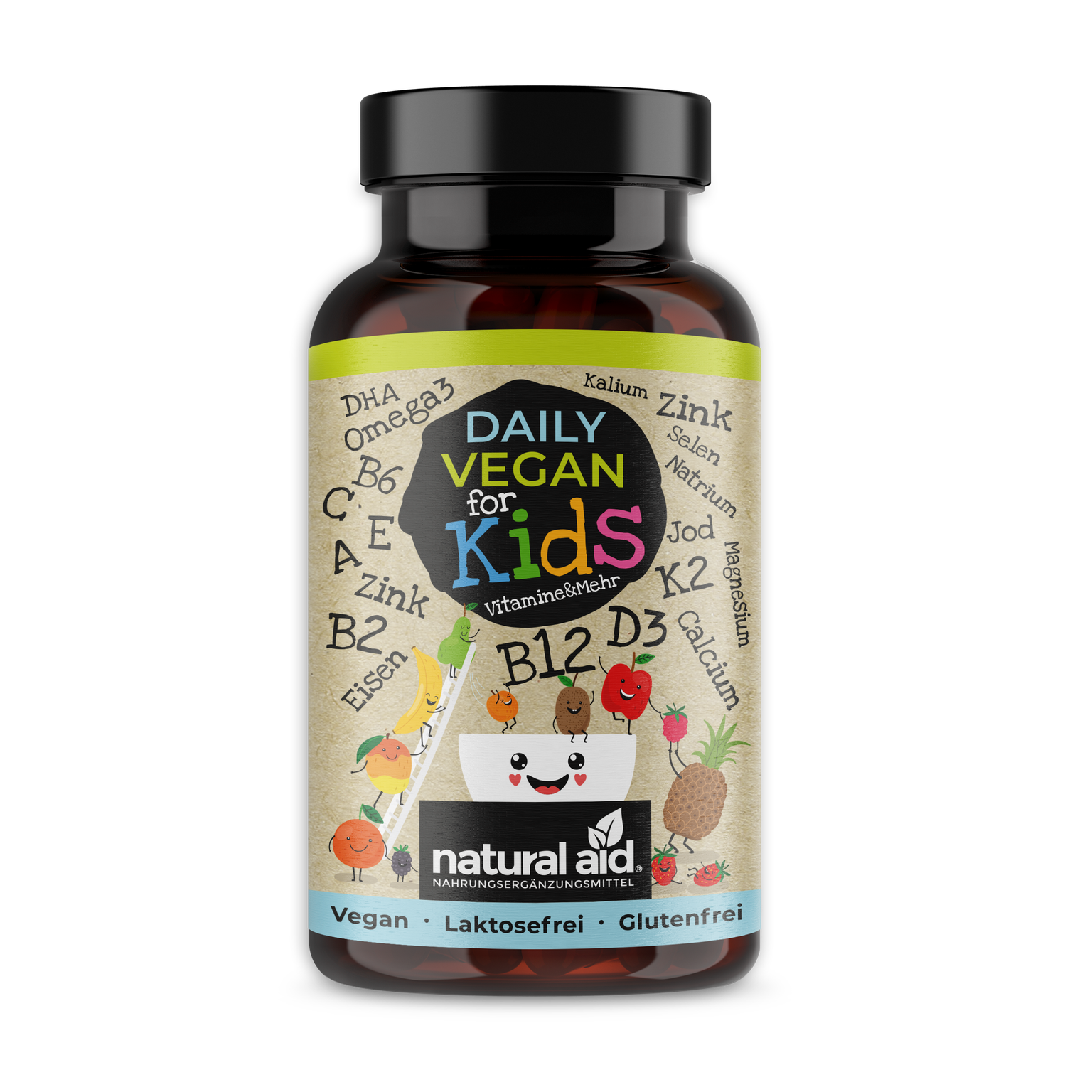 Natural Aid Daily Vegan for Kids | 120 Kapseln | Vitamine & Mineralstoffe mit Omega3 | 4 Monats-Vorrat