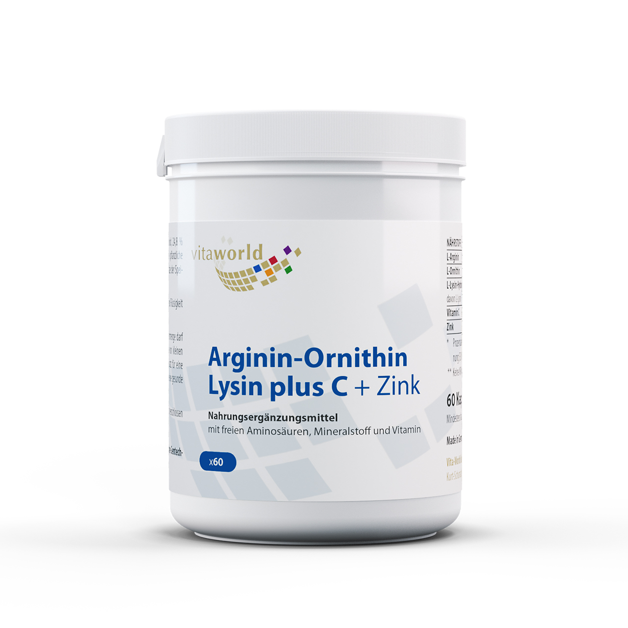 Vita World Arginin-Ornithin-Lysin + C + Zink | 60 Kapseln | mit drei wichtigen Aminosäuren | vegan | gluten- und laktosefrei