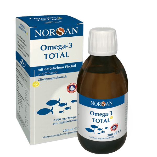 Norsan Omega-3 TOTAL | 200ml | mit natürlichem Fischöl und Olivenöl | Zitronengeschmack | hoher EPA Gehalt | mit 800 IE Vitamin D3