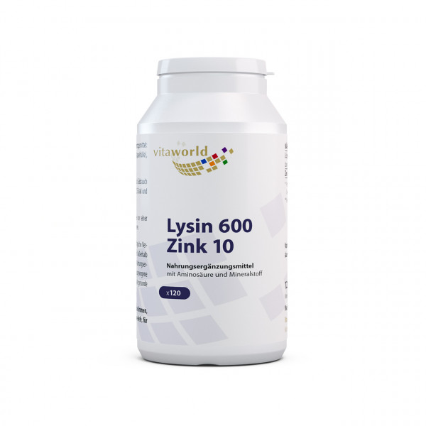 Vita World Lysin 600 mg plus Zink 10 mg | 120 Kapseln | essenzielle Aminosäure | vegan | gluten- und laktosefrei
