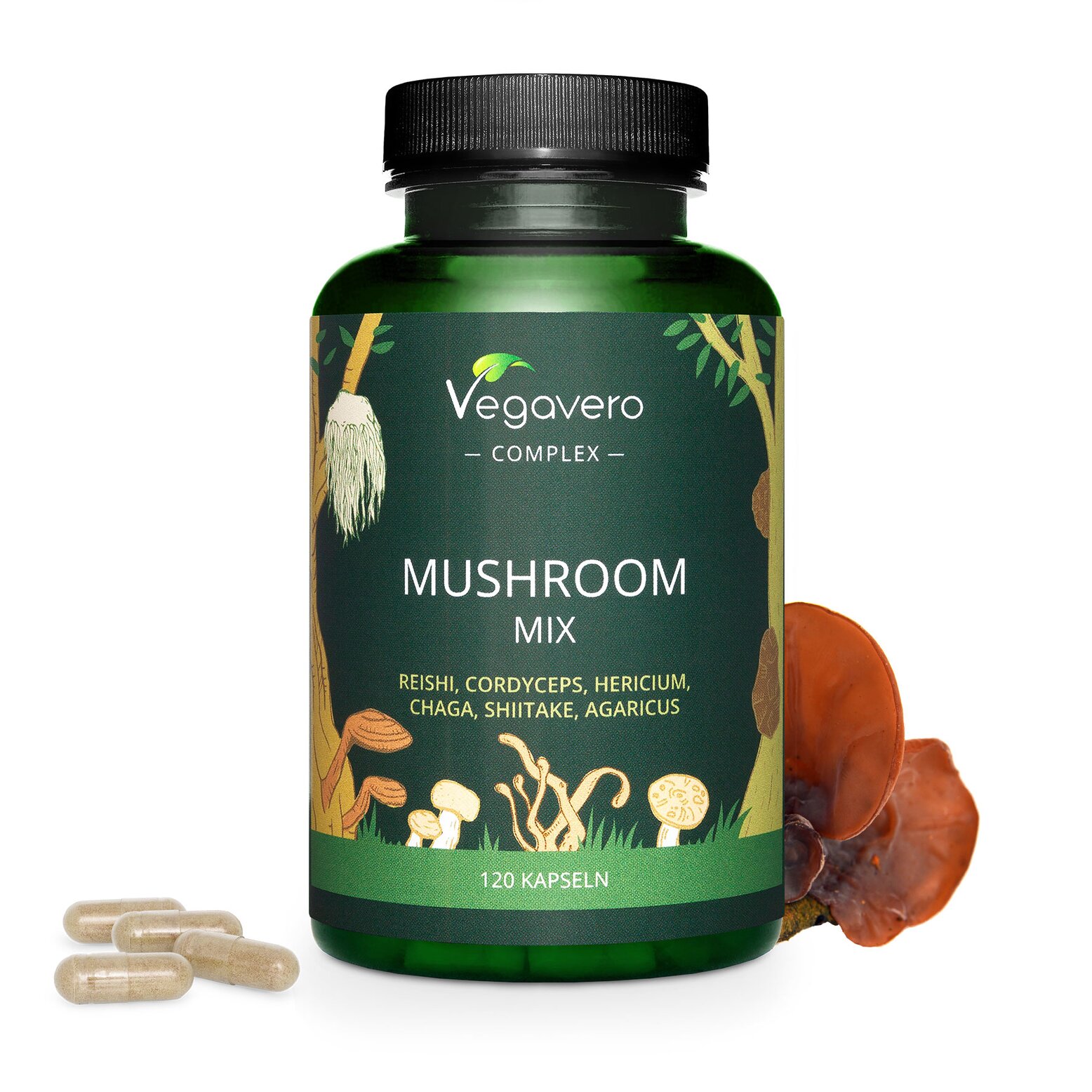 Vegavero Mushroom Mix | 120 Kapseln | Reishi, Cordyceps, Hericium, Chaga, Shiitake, Agaricus | vegan