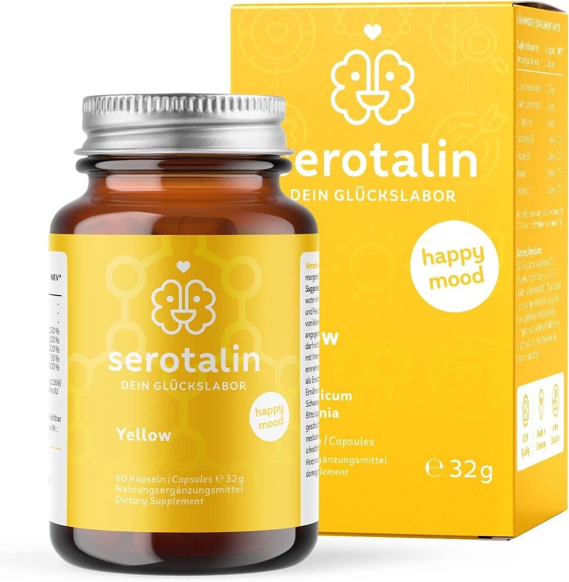 Serotalin Yellow Johanniskraut Kapseln | 60 Kapseln | mit 5-HTP und L-Tryptophan | 60 Kapseln | Happy Mood Tabletten | 2-Monatsvorrat | vegan