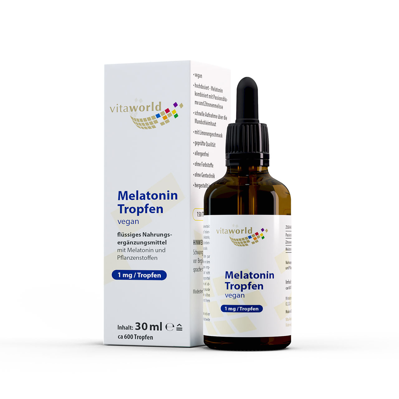 Vita World Melatonin 1 mg Tropfen | 30 ml | mit Passionsblumen- und Zitronenmelisse-Extrakt | vegan | gluten- und laktosefrei