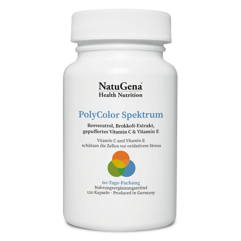 NatuGena PolyColor Spektrum | 120 Kapseln | Brokkoli-Extrakt, Trans-Resveratrol, Quercetin, gepuffertes Vitamin C & Lycopin