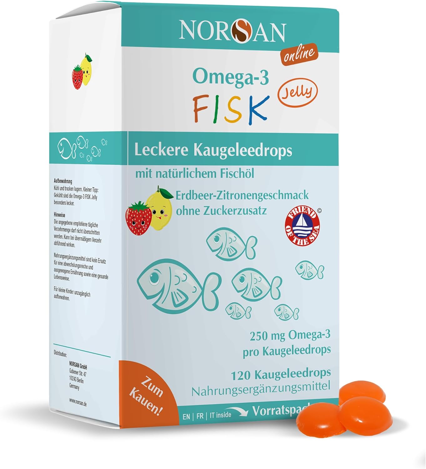 Norsan Omega-3 FISK Jelly | 120 Kaugeleedrops | mit natürlichem Fischöl | Erdbeer-Zitronengeschmack | Omega-3 für Kinder | mit Vitamin D