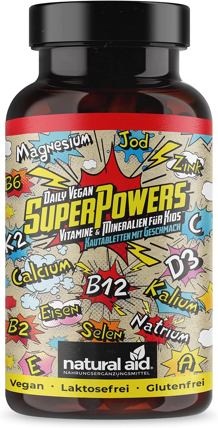Natural Aid Daily Vegan SuperPowers | 120 Kautabletten | Vitamine & Mineralien für Kinder | Traubenzucker Geschmack | 4 Monats-Vorrat