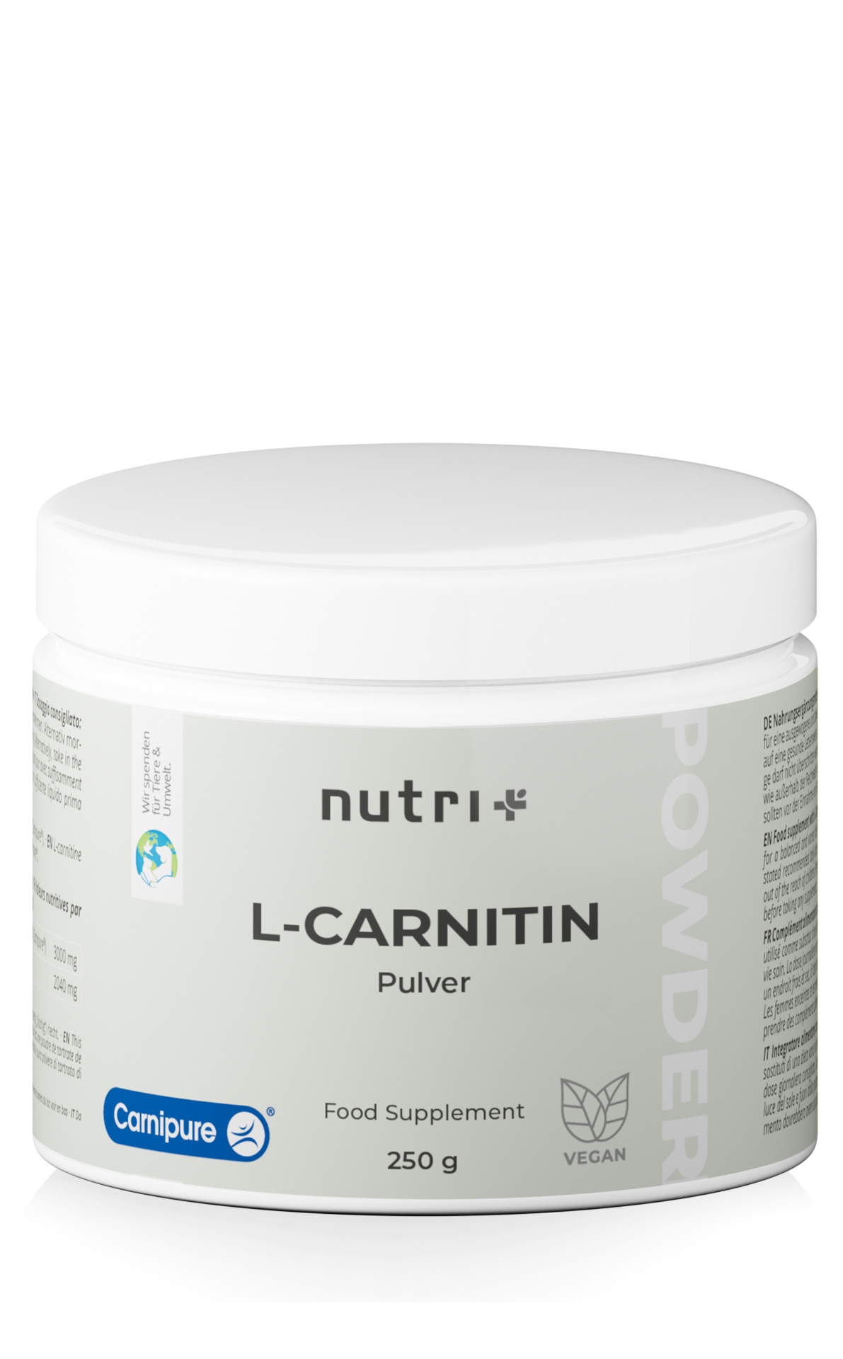 Nutri+ L-Carnitin Pulver (Carnipure®) | 250g | Optimiert Energie & Metabolismus | Vegan | Made in Germany