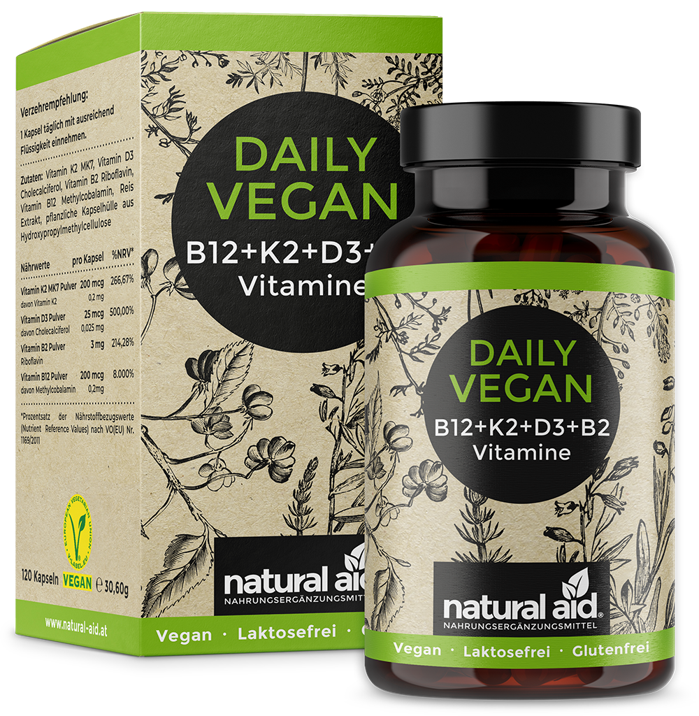 Natural Aid Daily Vegan | 120 Kapseln | Vitamin B12 + K2 + D3 + B2 Komplex | 4 Monats Vorrat | gluten- und laktosefrei