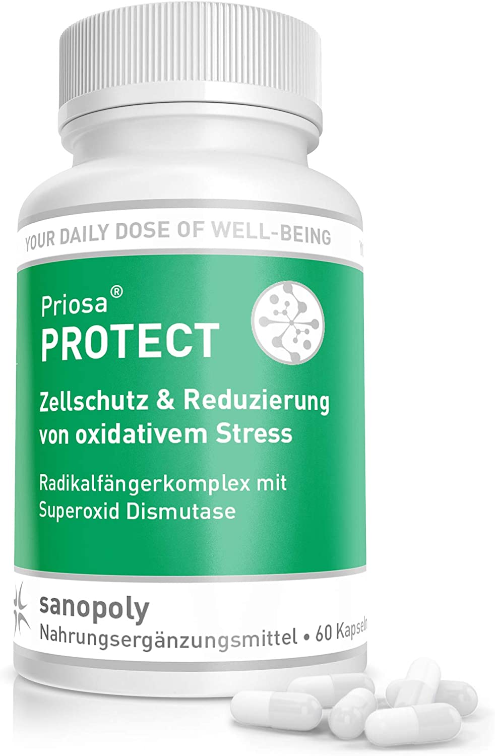 Sanopoly Priosa® PROTECT | 60 Kapseln | Reinigung des Körpers | Zellschutz & Reduzierung von oxidativem Stress | glutenfrei | vegan