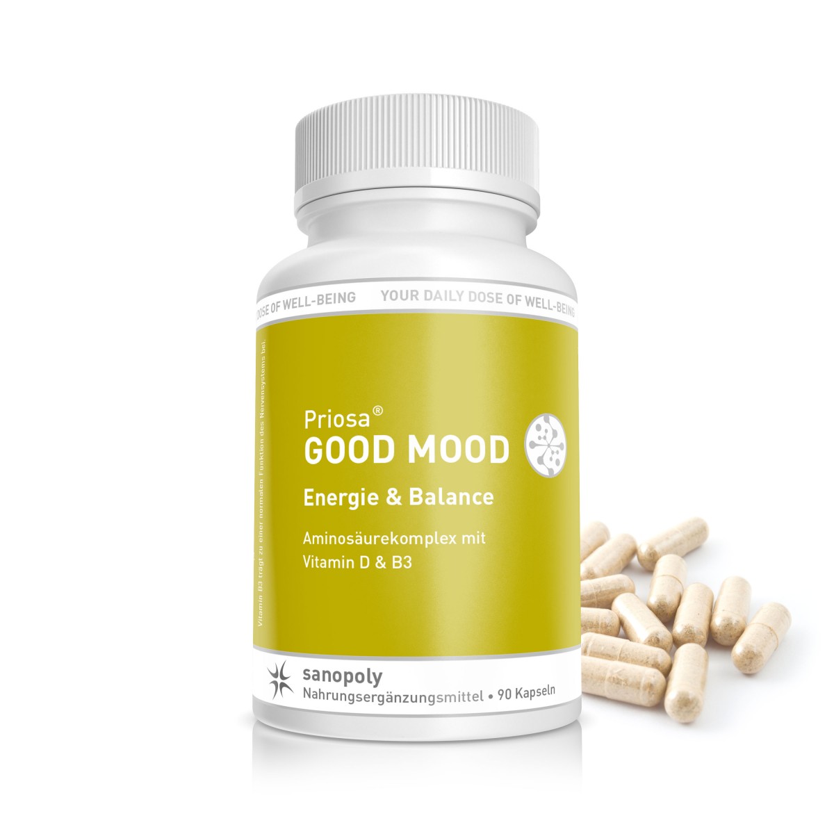 Sanopoly Priosa® GOOD MOOD | 90 Kapseln | Energie & Balance | Aminosäurekomplex mit Vitamin D & B3