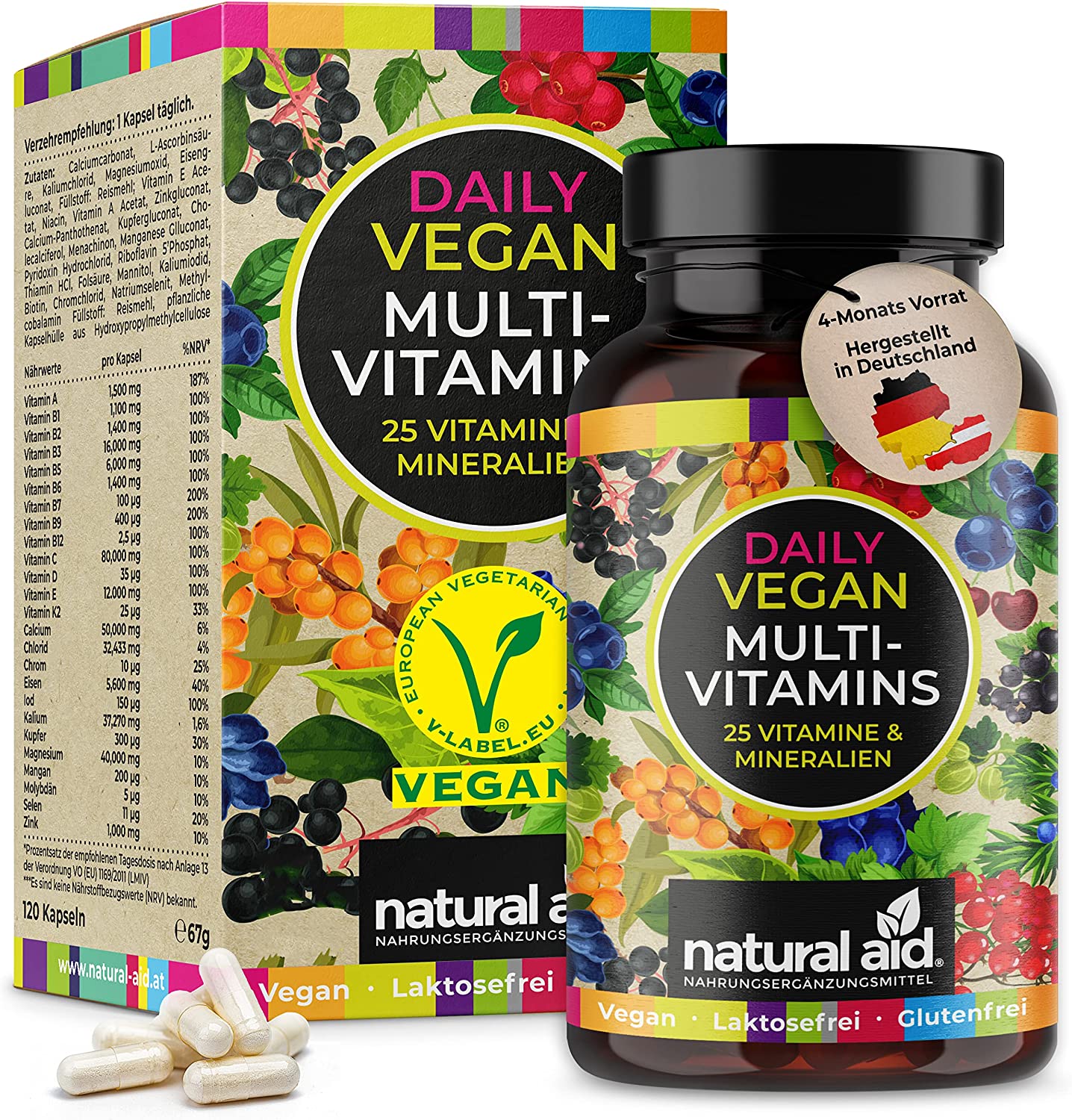 Natural Aid Daily Vegan MultiVitamins | 120 Kapseln | 25in1 Vitamine und Mineralien | gluten- und laktosefrei