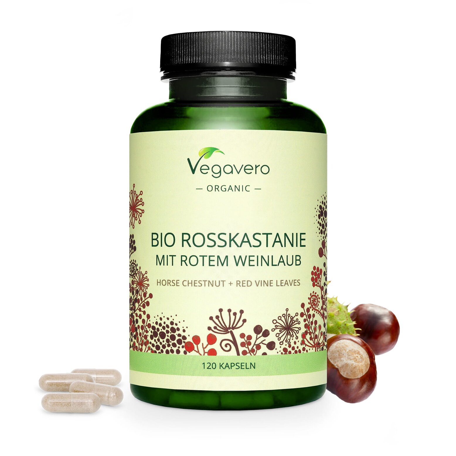 Vegavero Bio Rosskastanie mit rotem Weinlaub | 120 Kapseln | 800mg Extrakt mit Weinlaub und Vitamin C | 100% Bio | Vegan und ohne Zusätze