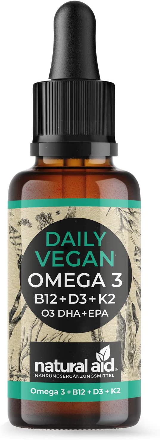 Natural Aid Daily Vegan Omega 3 + B12 + D3 + K2 | 20ml | DHA + EPA | 680 Tropfen für 4 Monate