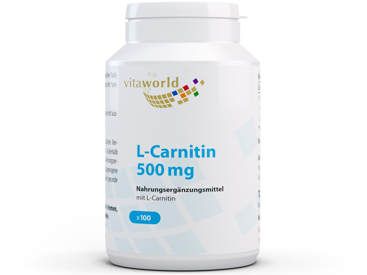 Vita World L-Carnitin 500 mg | 100 Kapseln | Carnipure® | 100% natürlich | hohe Bioverfügbarkeit | vegan | gluten- und laktosefrei