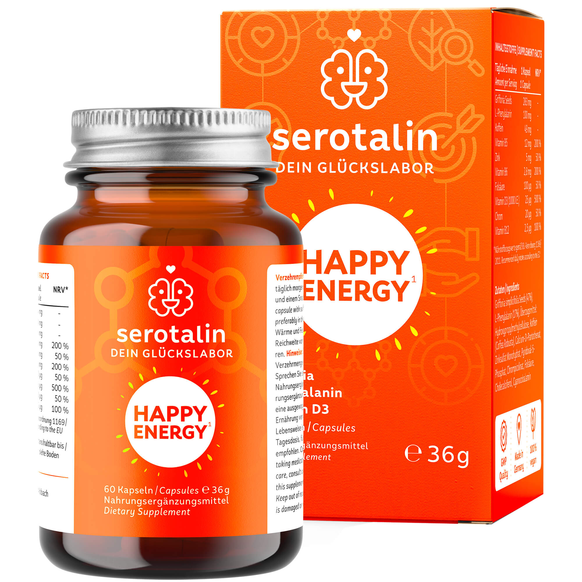 Serotalin Happy Energy | 60 Kapseln | mit Griffonia und Phenylalanin | Made in Germany