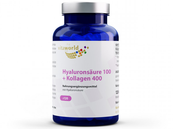 Vita World Hyaluronsäure 100 + Kollagen 400 | 120 Kapseln | mit bioaktiven Kollagenpeptiden | gluten- und laktosefrei