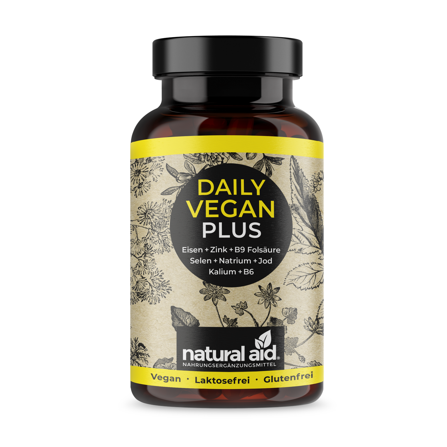 Natural Aid Daily Vegan PLUS | 120 Kapseln | mit Eisen + Zink + B9 + Folsäure + Selen + Natrium + Jod + Kalium + B6 | 4 Monats-Vorrat
