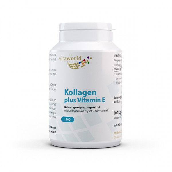 Vita World Kollagen + Vitamin E | 100 Kapseln | mit bioaktiven Kollagenpeptiden | gluten- und laktosefrei