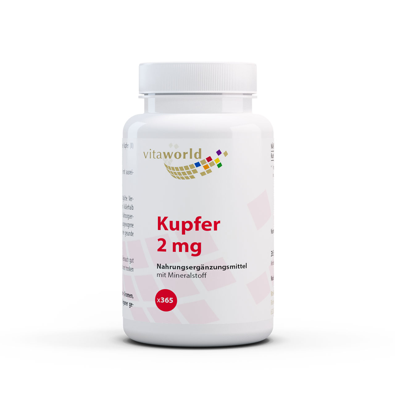 Vita World Kupfer 2 mg | 365 Tabletten | Kupfer Gluconat für eine hohe Bioverfügbarkeit | vegan | gluten- und laktosefrei